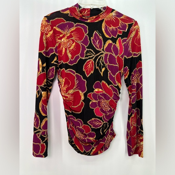 Farm Rio Floral Long Sleeve Jersey Top Shiny Chita Print Black Pink Orange Small - Picture 6 of 11